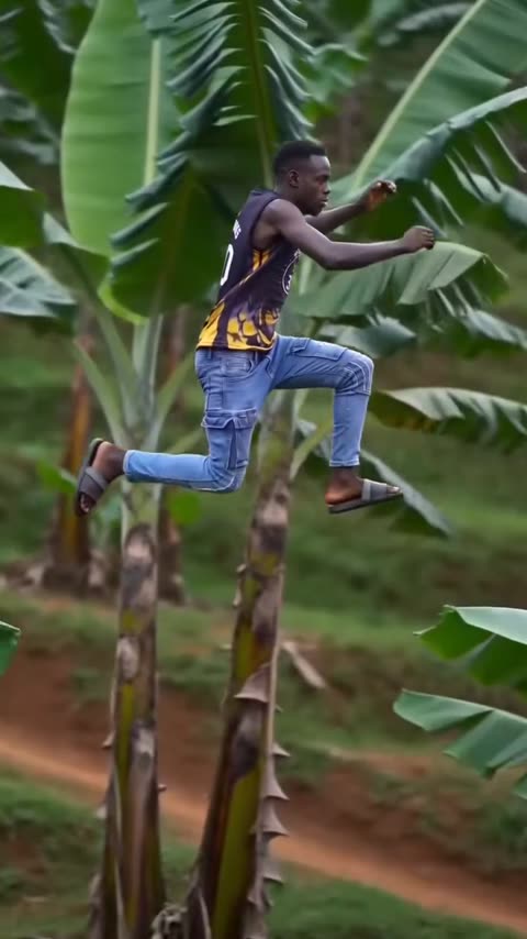 Banana Tree Run — Corrida com IA nas bananeiras: um fotograma do vídeo da tendência